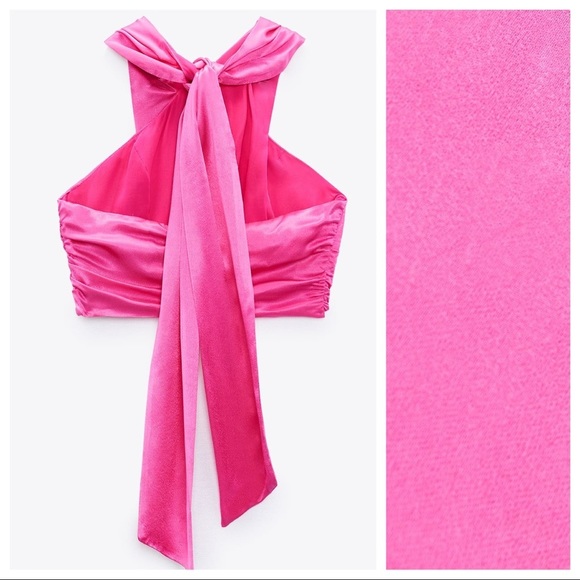 NWT. Zara Pink Satin Effect Halter Crop Top. Size M. - Picture 6 of 9